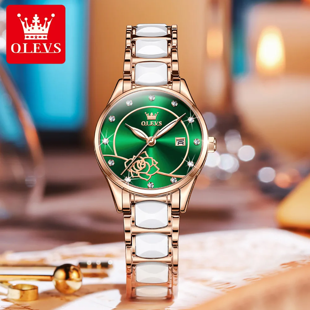 OLEVS Women Quartz Watch Fashion Camellia Design Elegant Ceramics Strap Original Imported Movement Ladies Waterproof Wristwatch