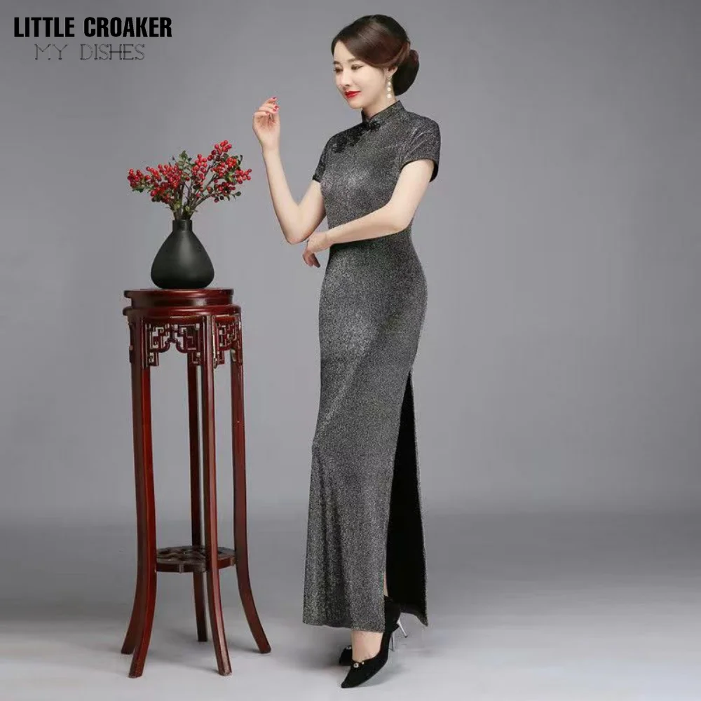 

Платье-Ципао в китайском стиле, Элегантное Вечернее приталенное серое платье в винтажном стиле, яркая нитка, весна