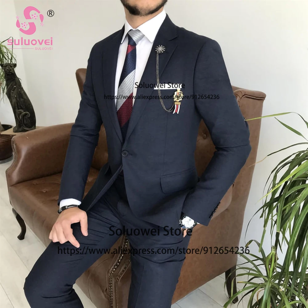 Fashion Navy Blue Slim Fit Suits For Men Formal Groom Wedding Notch Lapel Tuxedo 2 Piece Jacket Pants Set Male Business Blazer