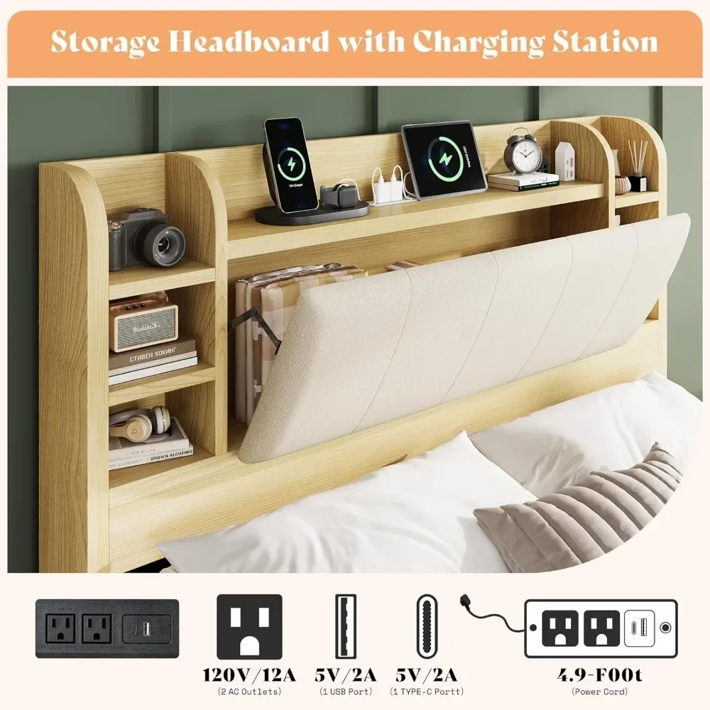 Bed Frame Full Size 4 Storage Drawers,Upholstered Bed Frame 47.2" Bookcase Headboard,Charging Station/No Box Spring Needed/Maple 3