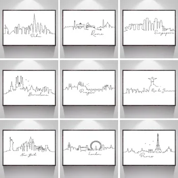 World City Londra New York Parigi Disegno a tratteggio Poster Stampa artistica nordica Pittura bianca nera su tela Immagine minimalista Decorazioni per la casa