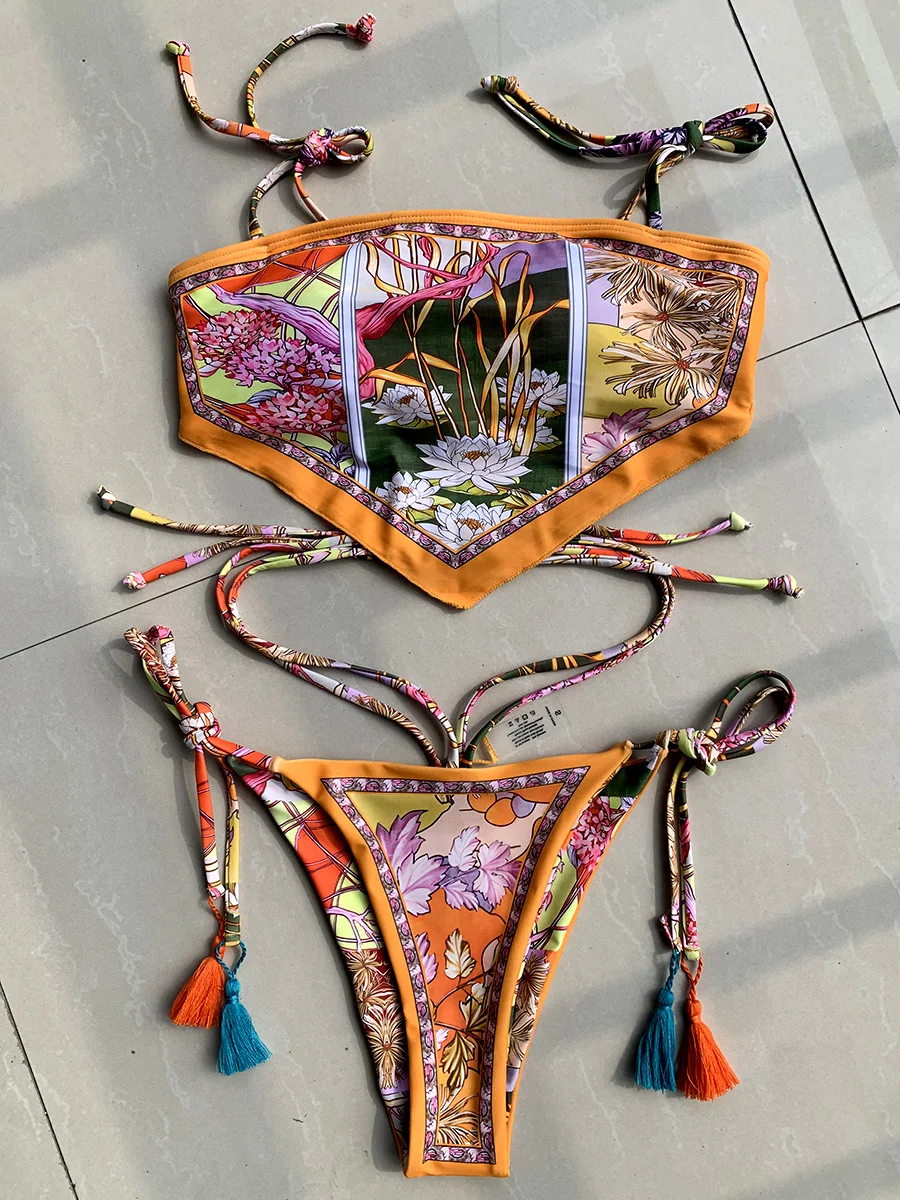 Printed Crop Top Bikini Women Bandeau Bikinis 2024 Swimwear Female Swimsuit Two-pieces Bikini Set Bathing Suit Swim Beach Wear 2022 new printed halter ruffled bikini women swimwear female swimsuit two pieces bikini set padded bather bathing suit swim