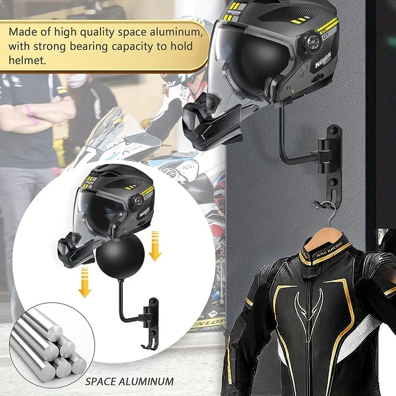 Motorcycle Helmet Rack Wall Mount Helmet Holder 180&deg; Rotation Hanger With Hooks For Coats Caps Bike Baseball Rugby Helme motorcycle helmet holder