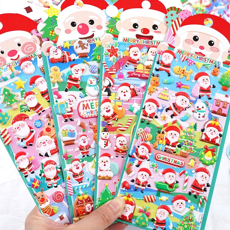 4 Stück zufällige neue Weihnachtsmann-Frohe-Weihnachts-3D-Puffy-Aufkleber, selbstklebende Aufkleber, DIY-Tagebuch, Schreibwaren, Aufkleber, Dekor, Kunstbedarf