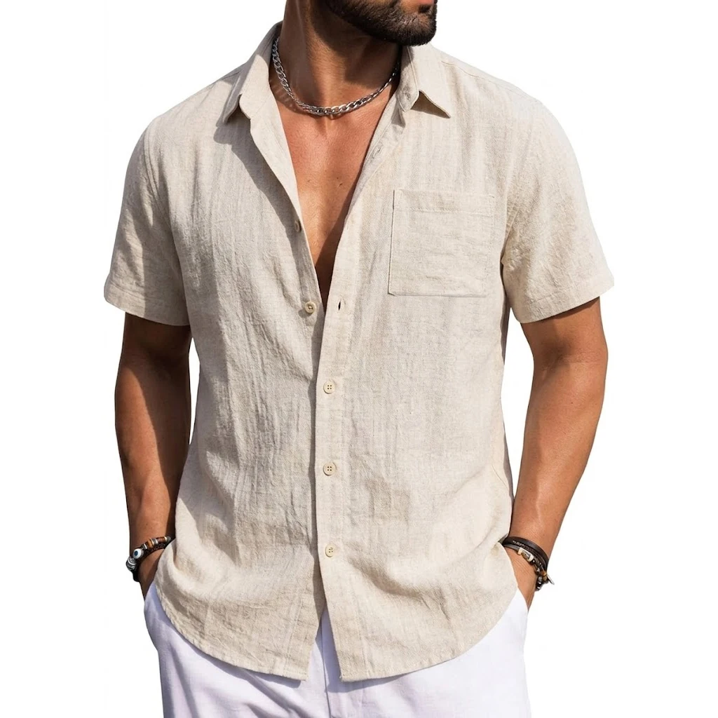 Short Sleeve Linen Shirts Premium Button-Down Beach Wedding Breathable 4