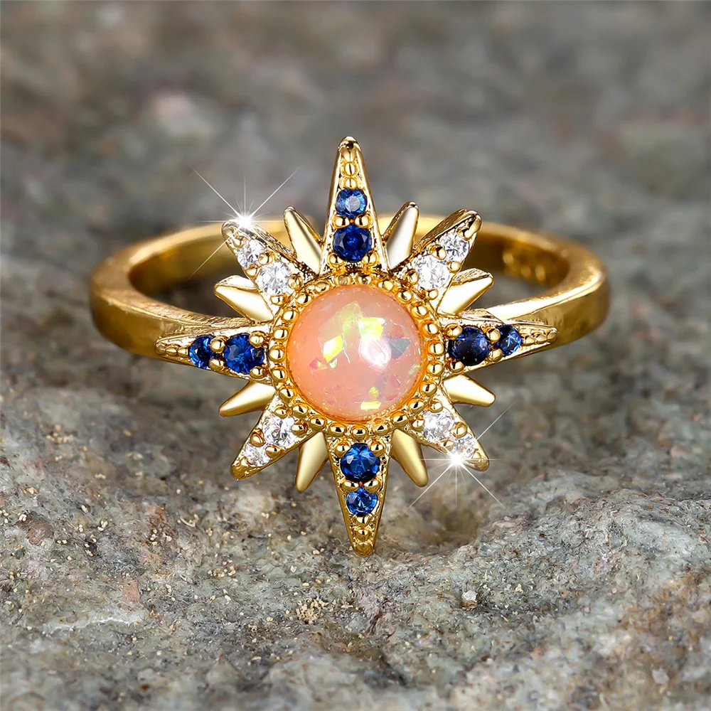 Cute Female White Blue Zircon Stone Adjustable Ring Gold Color Open Wedding Jewelry For Women