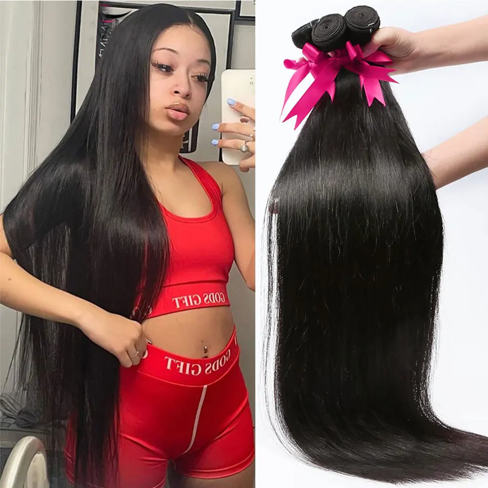 

28 30 32 Inches Brazilian Straight Human Hair Bundles Hair Weave Bundles Remy Hair Extensions 3 4 Bundles 10A Virgin Tissage