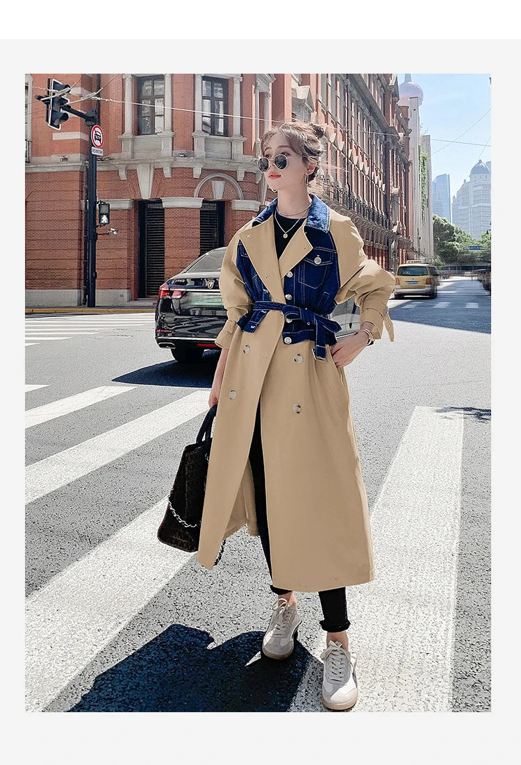 Fashion Long Double-Breasted Trench Coat For Women With Denim Patckwork Lady Duster Coat Windbreaker Spring Autumn Khaki Beige womens long black puffer coat