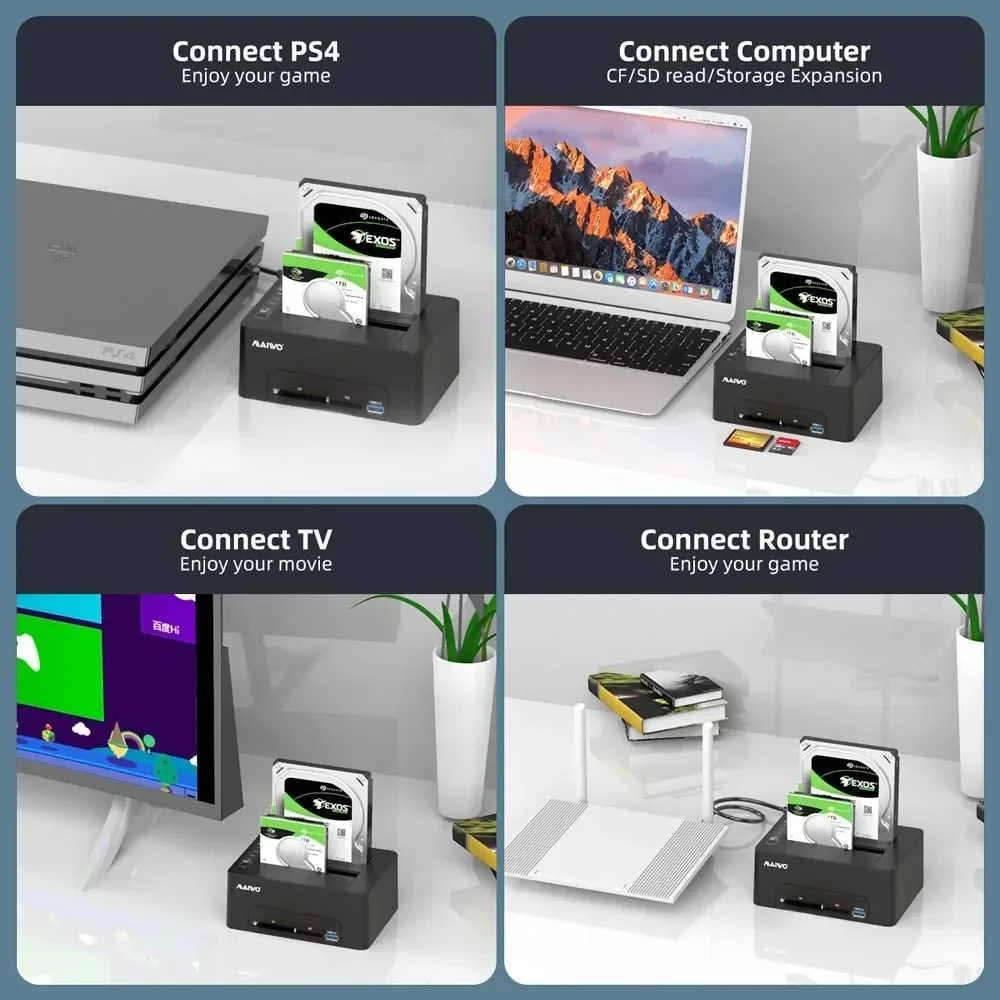 MAIWO 듀얼 베이 HDD 도킹 스테이션, 오프라인 복제 읽기, CF 및 SD 카드, USB 3.0 to SATA, 2.5 인치, 3.5 인치 SSD 디스크, HDD 도크