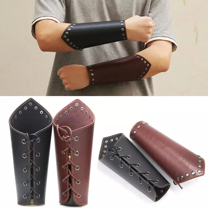 1 PC Cosplay Props faux leather bracer Men Arm Armor Cuff String Steampunk Vintage Medieval Gauntlet Wristband Bracelet