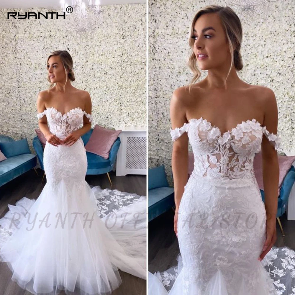 

Ryanth Mermaid Tulle Wedding Dresses 2024 Sweetheart Pearls Plus Size Lace Appliques Bride Dresses Sweep Train Vestido De Novie