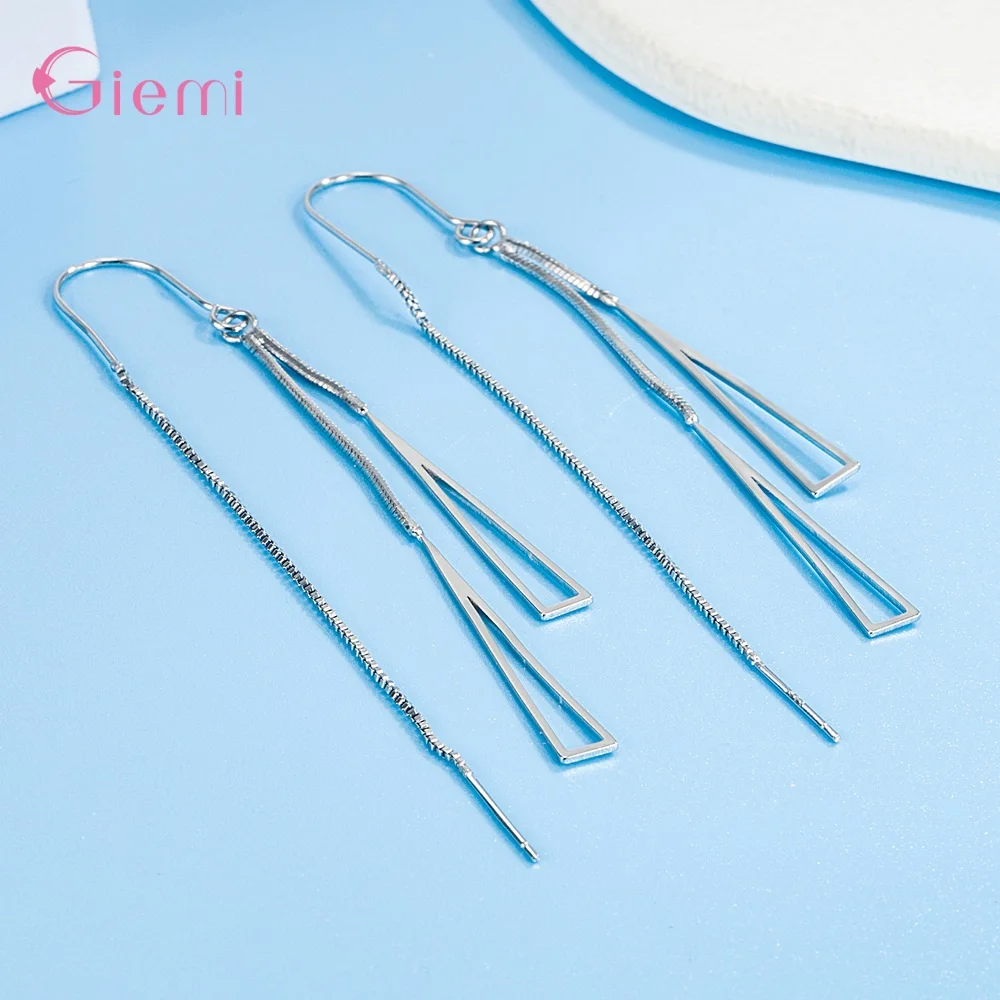 925 Sterling Silver Earrings Fashion Jewelry Simple Geometric Tassel Long Box Chain Thread Pendientes Ear Decoration Ornaments - 3