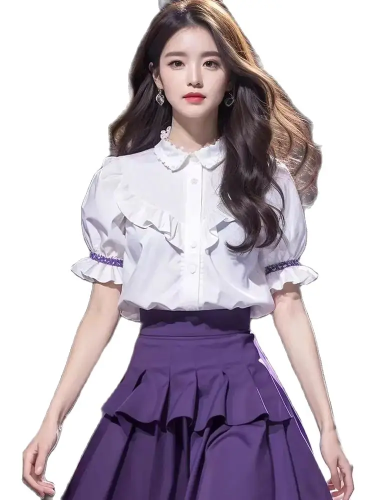 

Korea Solid Color Short Sleeve Skirt Set Woman Blouses Clothing Spring Vertical Shirt Short Sleeve Chiffon Blouse Woman