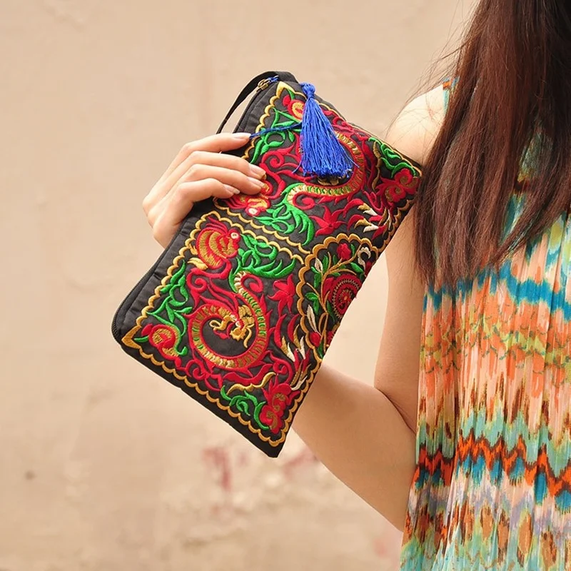 Women Ethnic National Retro Butterfly Flower Bags Handbag Coin Purse Embroidered Lady Clutch Tassel Small Flap women handbag