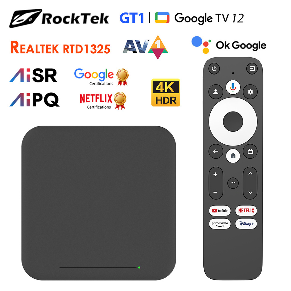 RockTek GT1 UHD Google TV Box Google Certified 2GB 32G Realtek1325 Support Dolby Atmos 2T2R Wifi5 BT Media player Android TV Box