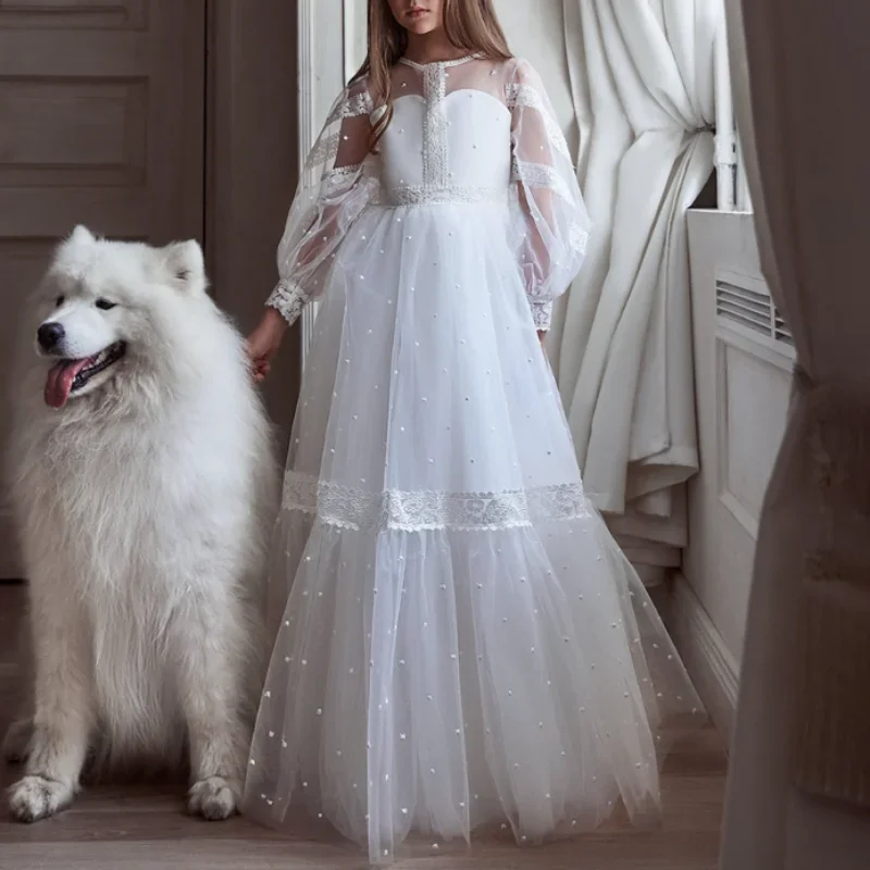 

Flower Girl Dress Lace A-LINE O-Neck Floor-Length Junior Bridesmaid Dresses for Wedding Bridesmaid First Communion