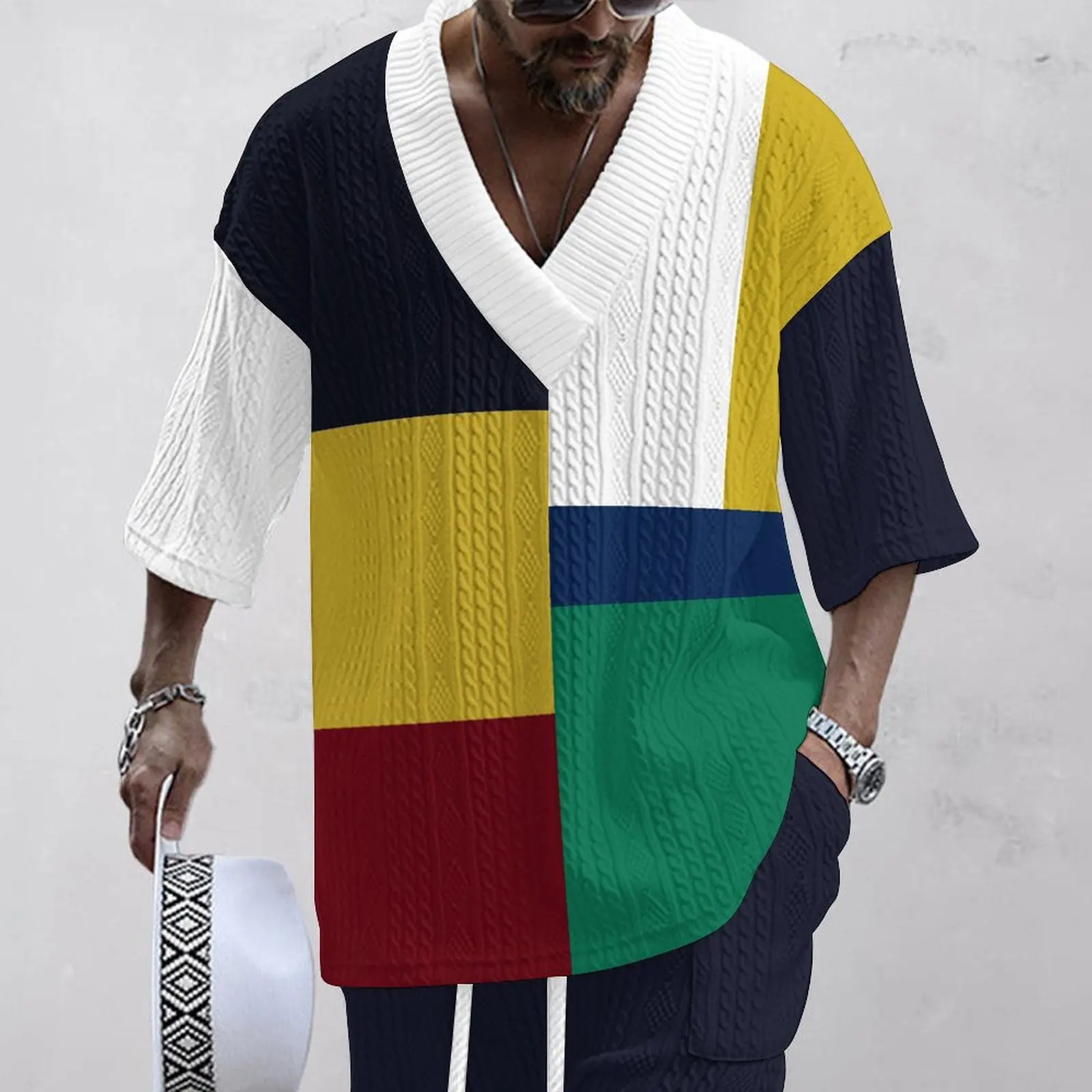 2024 New Summer Men's Set Loose Casual Sports Suit High-quality Jacquard V-neck Short-sleeved Shorts Two-piece Men's Clothing 3