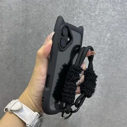 3D Cat Ear Transparent Magnetic Phone Case with Cute Lanyard for iPhone 13 (Black GS)