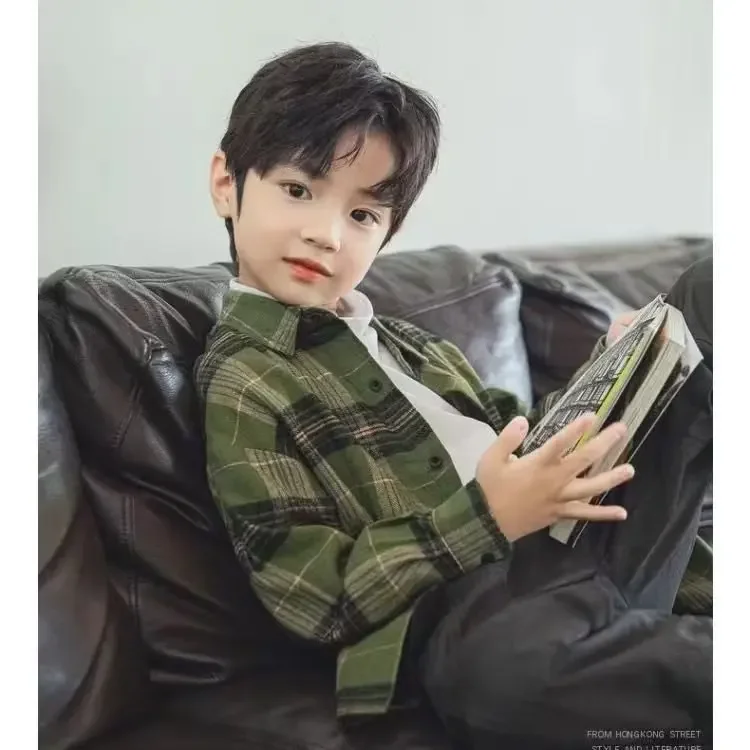 New Spring/Autumn Loose-Fit Trendy Children's Plaid Shirt Long Sleeve For Boys Fashionable Chinese Style Top