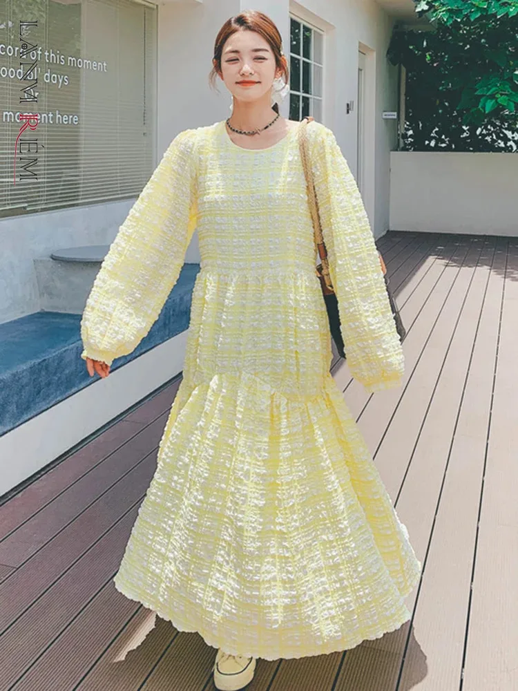 

LANMREM Korean Style Yellow Long Dress Women Round Neck Lantern Sleeves Loose Long Dresses Fashion 2024 Spring New 2AA4995