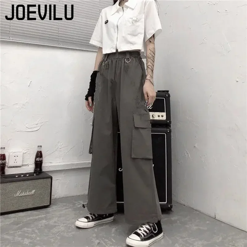 Cargo Pants Suit Short Sleeve Slim Shirt High Waist Chain Sweatpants Two Piece Sets Women's Summer Korean Hip-hop Gothic Outfits 5