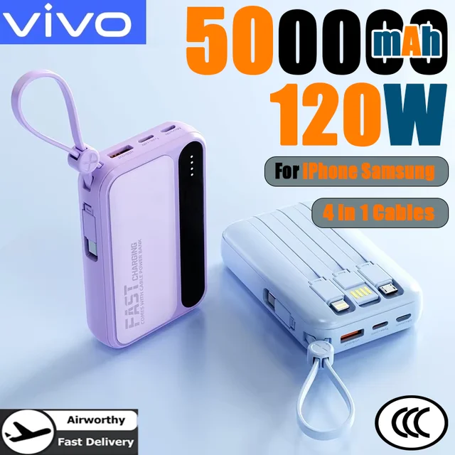 Batterie externe VIVO 50000mAh 120W à charge ultra-rapide, portable, avec câbles 4-en-1, pour iPhone 2026, nouvelle batterie externe grande capacité 1