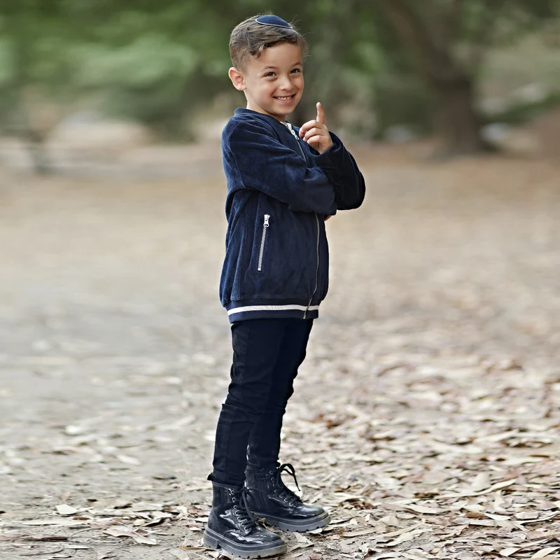 Children sweater 5t-16t blue velvet jacket school outfit front opening zipper clothes boy and girls sweatshirt both side pocket 4