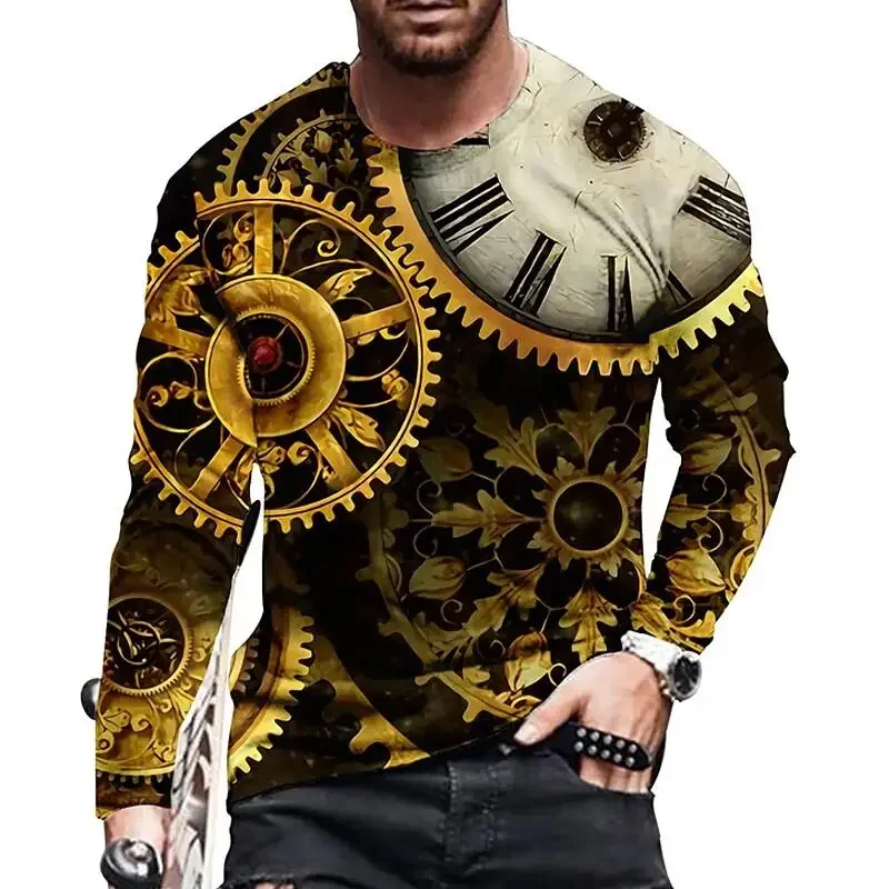 2023 Vintage Print T-Shirt 3D-Uhr Hemd Uhr Langarm lässig O-Ausschnitt 6xl Shirt übergroße Trend Tops T-Shirt Mann Kleidung – Detail 3