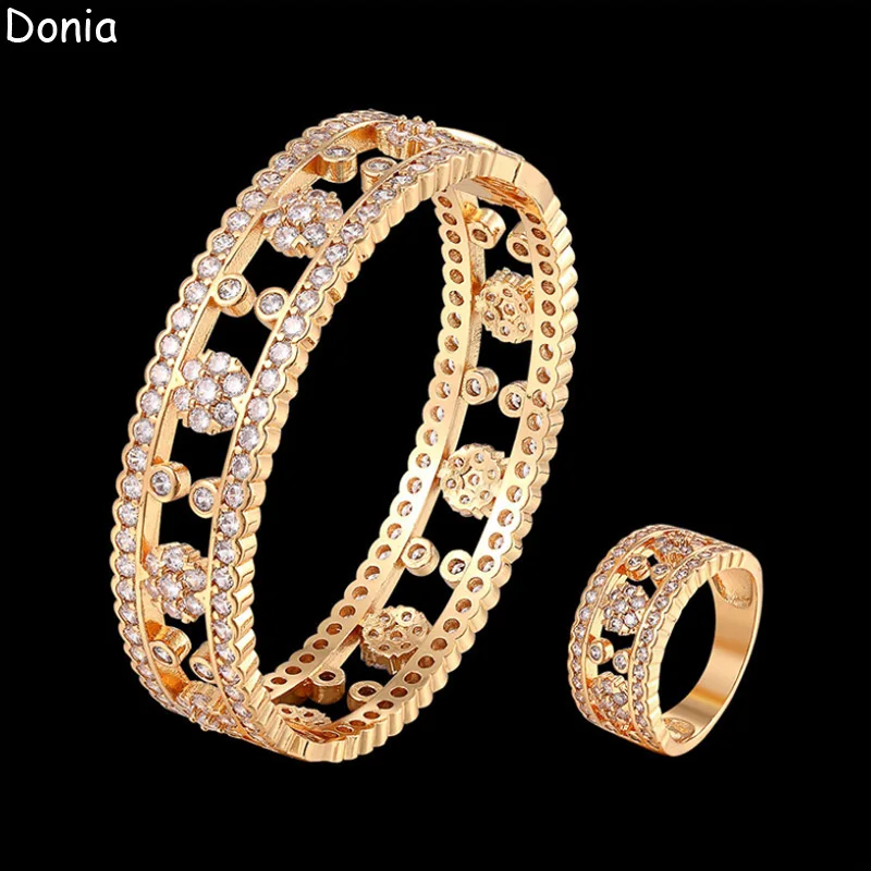 

Donia Jewelry European and American Fashion Titanium Steel Inlaid AAA Zircon Four-Leaf Flower Bracelet Ring Luxury Set