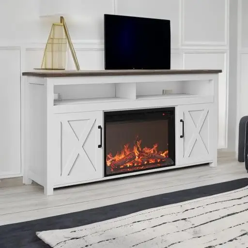 58" Farmhouse Fireplace TV Stand for TVs Up To 65" 23" Electric Fireplace Heater with Sound Barn Door Storage Cabinets - White 5