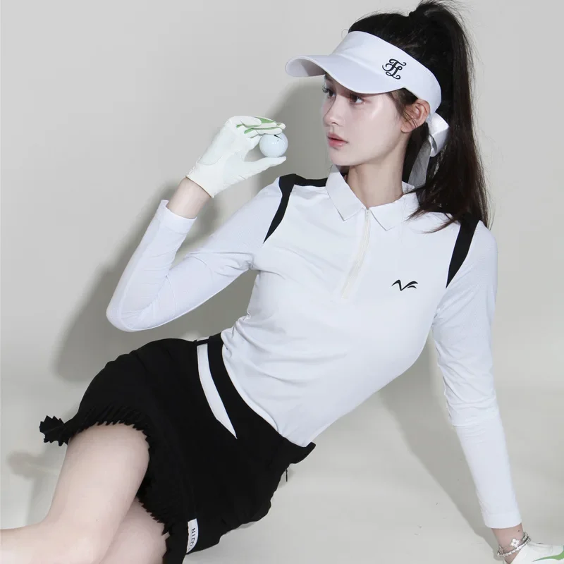 Spring and Summer New Golf Set Women's Long sleeved T-shirt with Sunscreen Ice Silk Splice Top Wrapped Hip Pleated Skirt Women