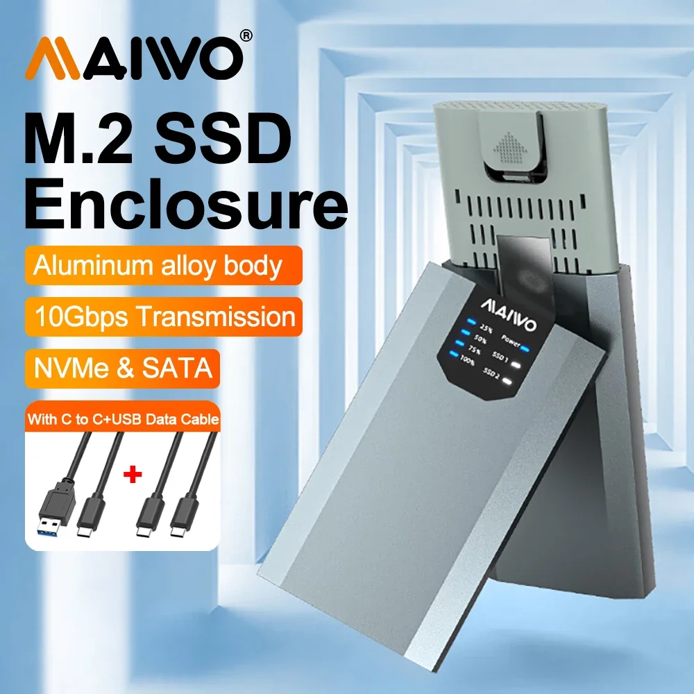 

MAIWO M.2 Nvme Solid-state Mobile Hard Drive Box Copy Machine M.2 NGFF/NVMe Protocol Dual-bay Aluminum Alloy Shell with Cloning