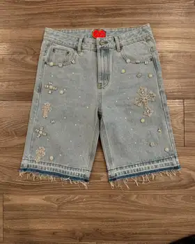 Y2K Gothic Diamond Cross Embroidery Denim Shorts American Retro Blue Gym Shorts Rhinestone Streetwear Hip Hop Men Women Jorts 1