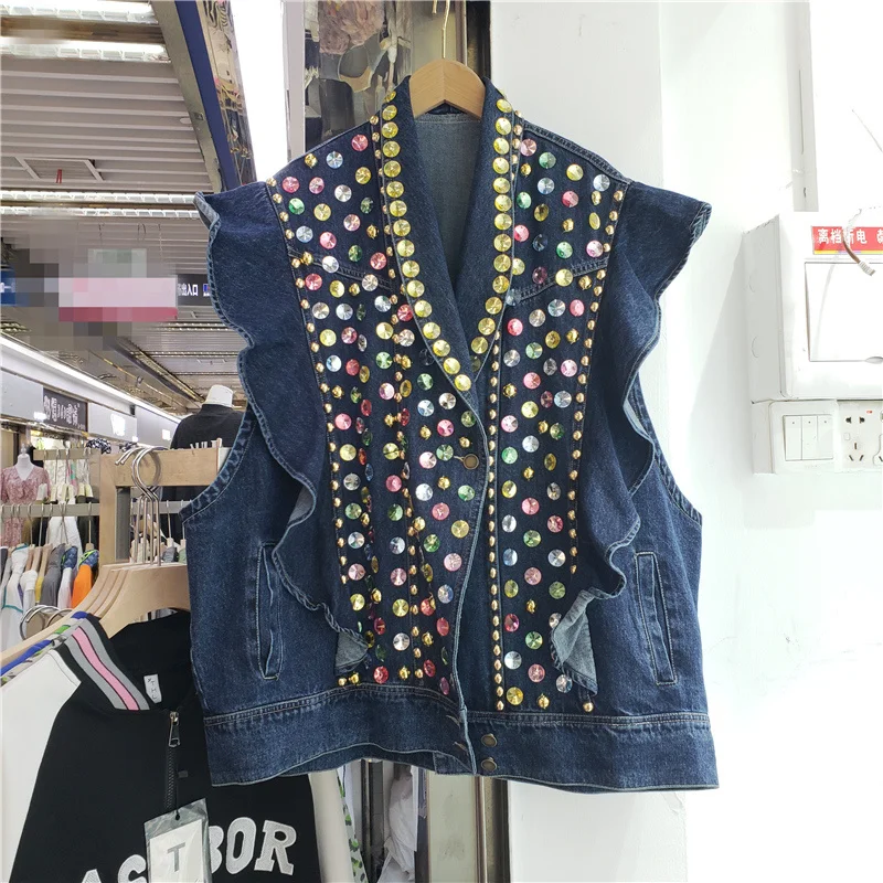 

Rivet Diamonds Ruffle Suit Collar Denim Vest Women Waistcoat Loose Mid Long Cowboy Sleeveless Jacket Dark Blue Jeans Vest Female