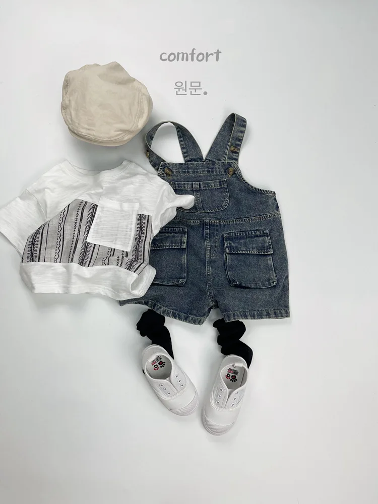 2025 Summer New Vintage Girls Overalls Kids Boys Pocket Denim Strap Pants Children Jeans Shorts Fashion Baby Clothes