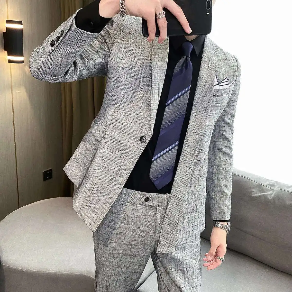 Asymmetry Blazer Lattice Suit Wedding Dress Two Piece Men Tuxedo Suit