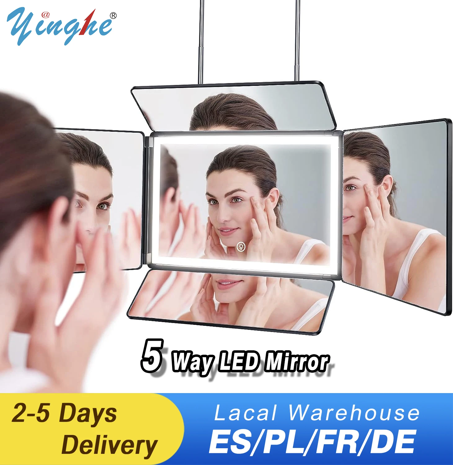 

5 Way Mirror for Self Hair Cutting, 360 Mirror for Braiding, 5 Sided Barber Mirrors with Light, Makeup Mirror with Hooks