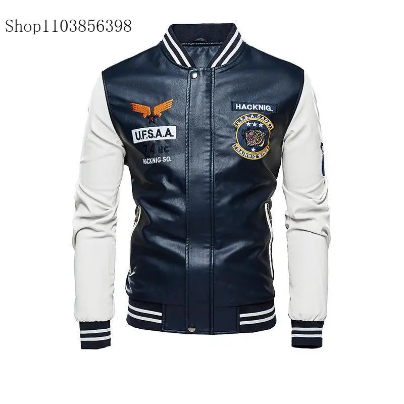 New Motorcycle Leather Jacket Men's Casual Fashionable Embroidered Baseball Jersey Slim Fit Zipper High Quality PU Jacket Male