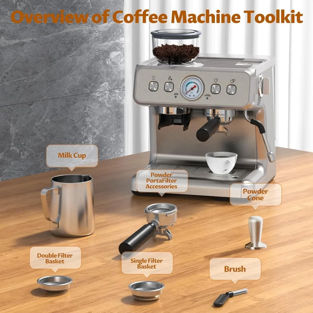 Espresso Machine 15 Bar, Coffee Maker for Cappuccino and Latte Maker with Milk Frother Steam Wand, Fast Heating Coffee Machine 6