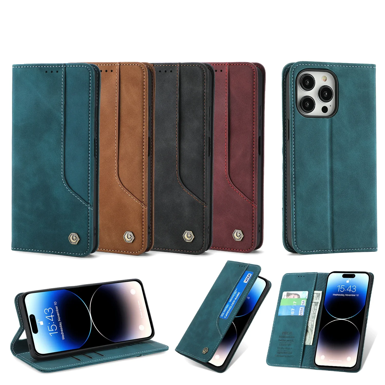 

Luxury Wallet Flip Case for IPhone 15 Promax 14 13 12 Mini 11 Pro XS Max X XR 8 7 6S Plus Business Leather Card Holder Cover