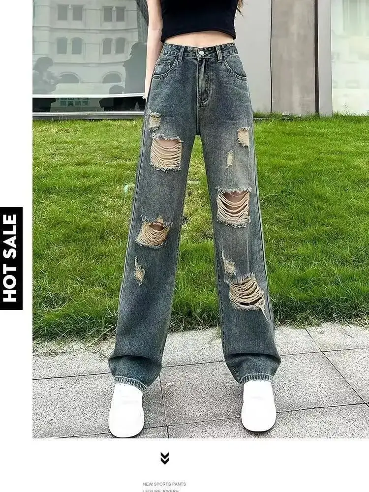 

Blue Ripped Jeans for Women High Waist Holes Washed Straight Denim Wide Leg Distressed Long Jean Pants Baggy Big Size Jeans