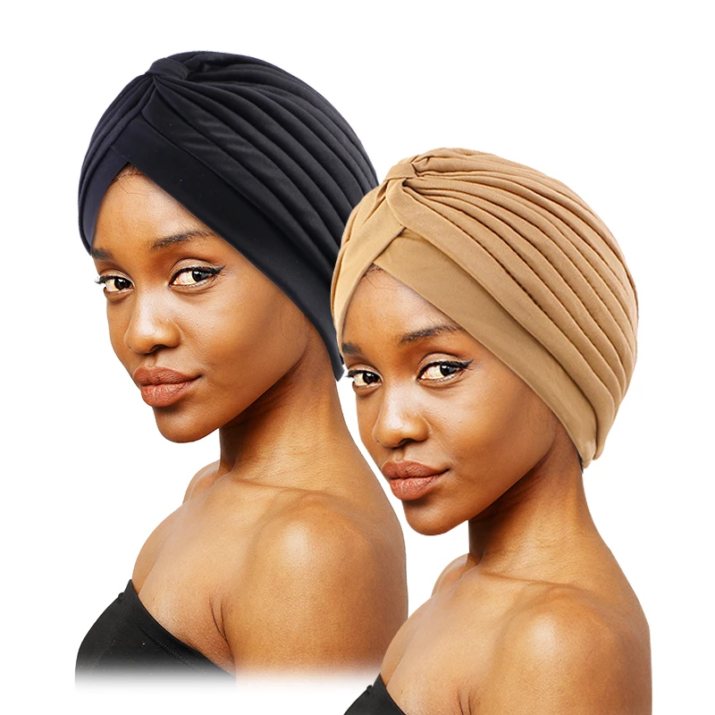 2PCS/LOT New Women Twist Cap Chemo Cap Fashion Knot Muslim Stretch Turban Casual Solid Color Simple Headscarf Wrinkle Indian Hat