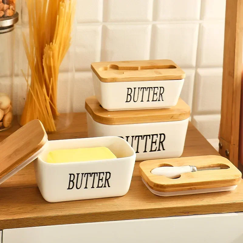 Ceramic Butter Bowl Restaurant Sealed Container Storage Box Cheese Box with Knife Bamboo Lid Butter Slicer Dish Tableware butter storage box ceramic sauce dishes