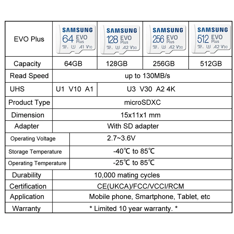 SAMSUNG-Carte Micro SD EVO Plus, Classe 10, 512 Go, 256 Go, 128 Go