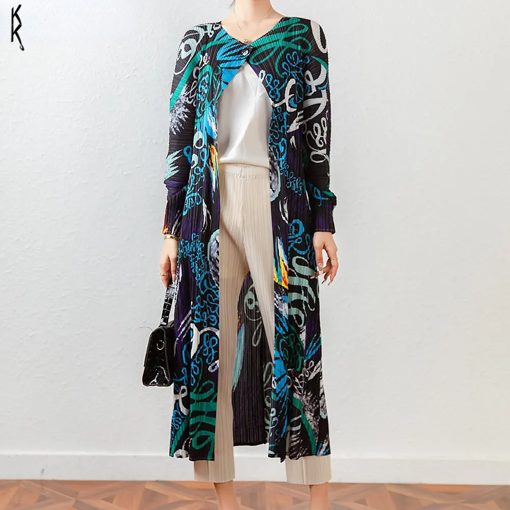 

New Miyake Pleated Spring 2024 Women's Dress Design Sense Elegant Slim Trench Coat Casual Fashion Printed Long Cape Coat