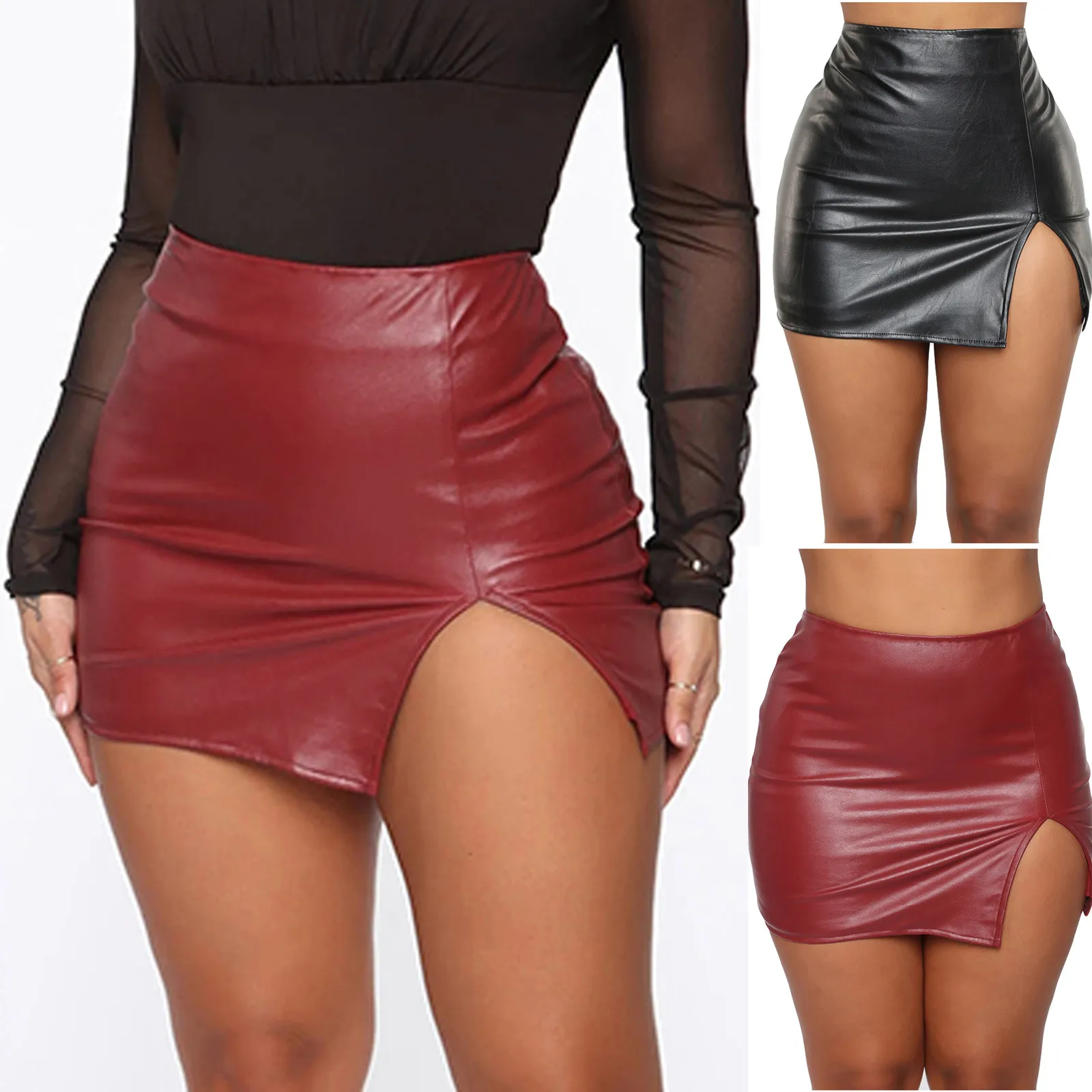 

Women Leather Night Clubwear Skirts Summer Pure Color PU-leather Zipper Sexy Hip Leather MIni Skirts Faldas Mujer Moda 2022