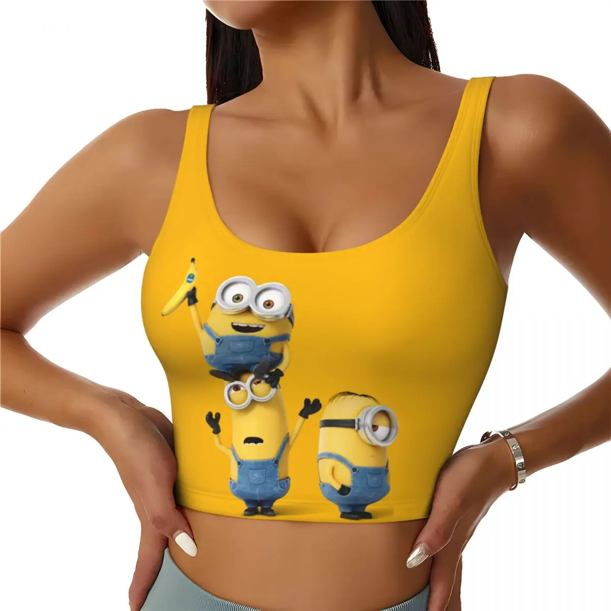 Women Minion Cartoon Banana Sports Bras High Impact Gym Workout Running Crop Tank Tops