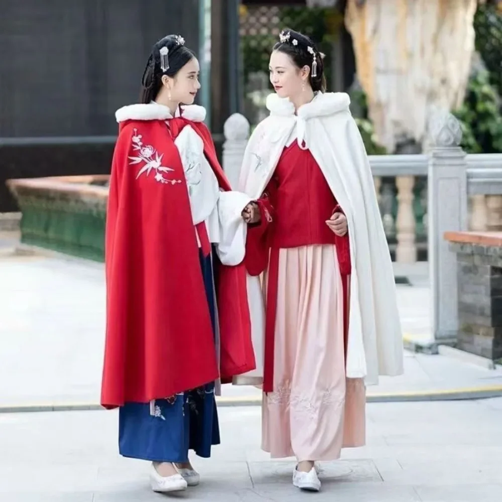 

Hanfu Cloak Female Winter Red White Padded Cloak Hanfu Cape Women Mid-length Velvet Elegant Shawl Chinese Coat Ancient Costume