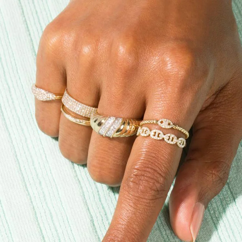 Hip Hop Cuban Link Ring For Women Dainty Gold Color Micro-inlaid Zircon Stacking Matching Ring Jewelry Fashion Accessories R720 finger ring ring set gold color rings