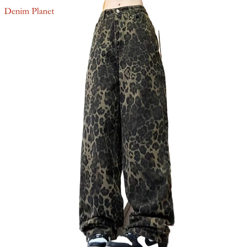 

Джинсы женские уличные с леопардовым принтом, повседневные брюки в стиле хип-хоп с завышенной талией и широкими штанинами, Y2K